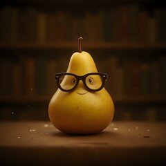A 3D rendered image of a pear wearing glasses, set against a blurry background with bookshelves.