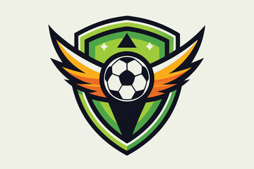 Obraz premium A dynamic emblem features a soccer ball at its center, framed by bright wing designs and a shield, A sleek, modern mark that conveys the energy of a soccer team