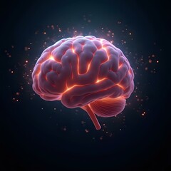 Fototapeta premium A 3D rendering of a human brain illuminated by a glow, set against a dark background with tiny particles resembling a starry sky.