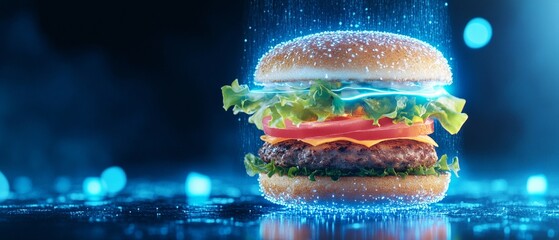 A glowing neon sandwich with vibrant toppings, showcasing futuristic design