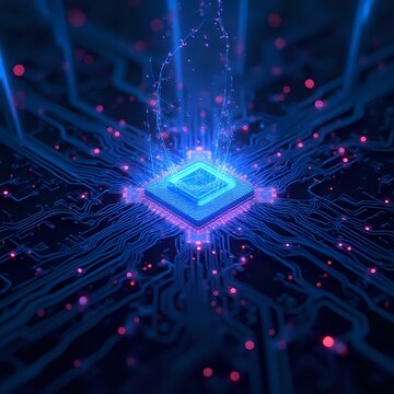 A digital illustration of a circuit board with a bright blue square processor at its center, surrounded by intricate lines and glowing with light.