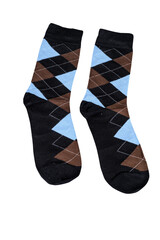 Socks are primarily black with a diamond pattern overlay. The diamond shapes are filled with red and grey.