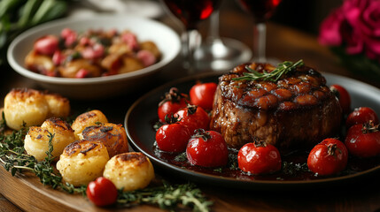 A Valentine's Day dinner table with a gourmet three-course meal setup.