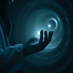 An image depicting a hand extended, with a bright light emanating from within a cylindrical structure, creating a sense of mystery and depth.