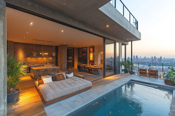 Obraz premium Modern Penthouse Apartment With City Views And Infinity Pool