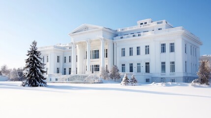 A grand white building surrounded by snow in a winter landscape.