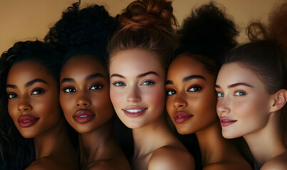 Fototapeta premium A diverse group of beautiful women with natural beauty and glowing smooth skin. Portrait of many attractive female fashion models with great skincare of all races, tones and style
