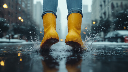 Person with yellow rubber boots in a rain puddle.
