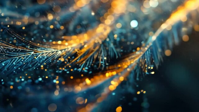 Glistening blue and gold feathers create mesmerizing abstract pattern, showcasing shimmering textures and light, while vibrant bokeh enhances beauty of nature.