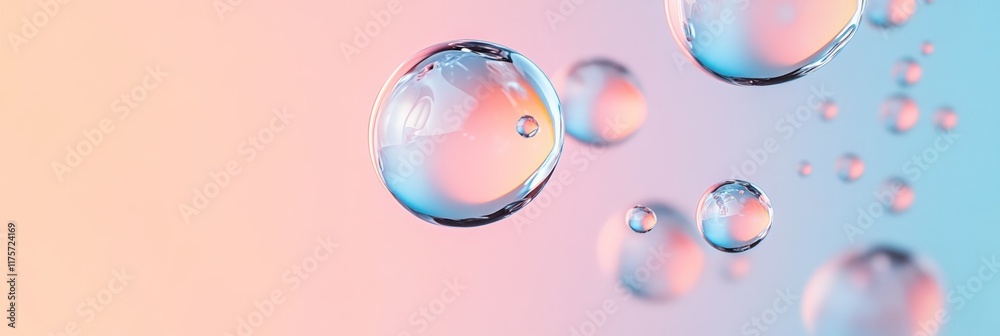 Poster transparent bubbles of varying sizes are floating against a soft, pastel colored background, creatin