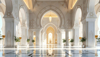 Fototapeta premium A grand, ornate interior of a mosque with arched doorways, columns, and a reflective marble floor. The architecture features intricate patterns and designs in a light, airy color palette.