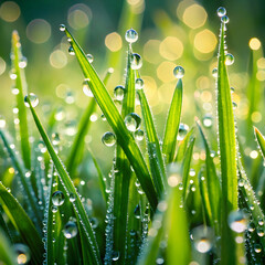 Fototapeta premium Grass. Fresh green spring grass with dew drops closeup