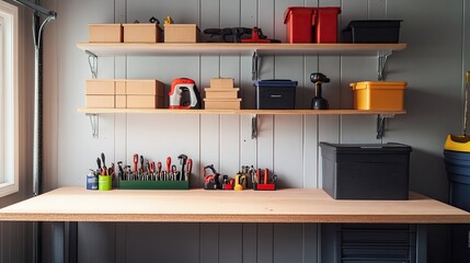 minimalist workbench in home garage with organized shelves holding small hardware boxes and tools
