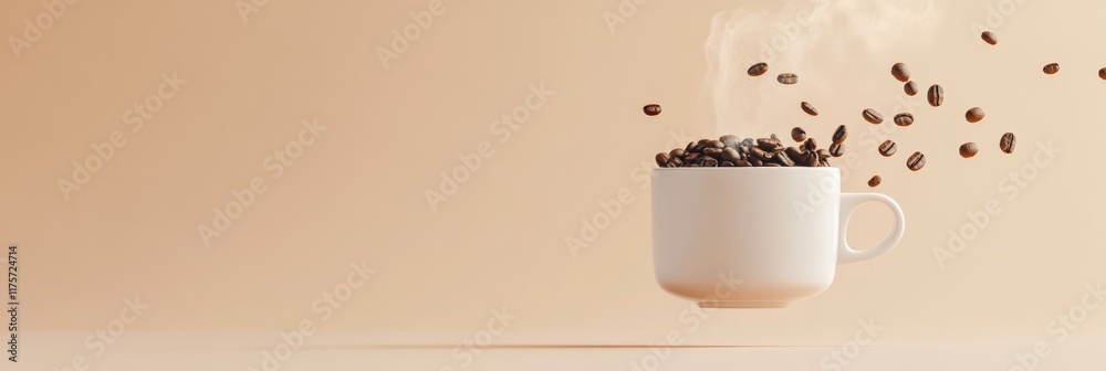 Poster steaming white coffee cup floats in mid air with roasted coffee beans suspended around it against a 