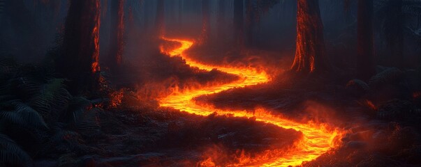 A glowing path of lava winding through misty forest landscape