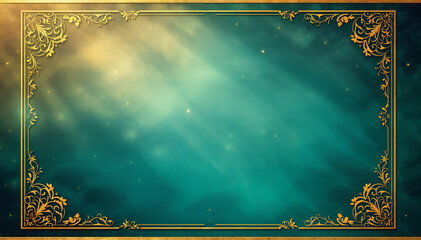 A golden ornate frame with a teal and green gradient background creates a magical and ethereal atmosphere.
