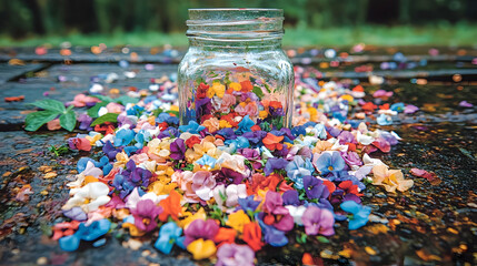 Glass jar nestled in colorful flower petals on wet wood.