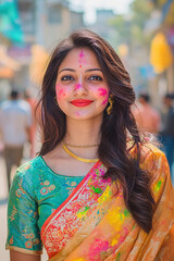 Portrait of happy woman in colorful sari during Holi festival