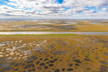 Top view of the tundra. Lakes and swamps