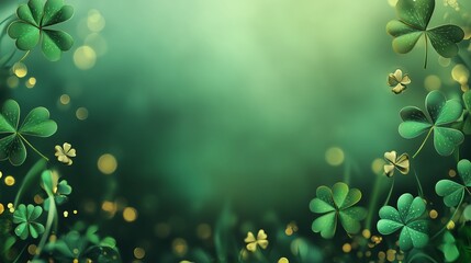 Green background with clovers of different sizes, creating a light and airy effect. Golden accents and light spots add festiveness and elegance to the composition. Copy space.
