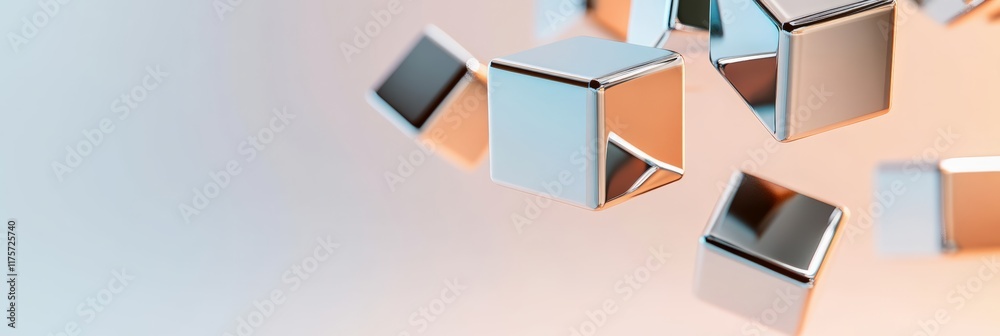 Poster metallic cubes are levitating in pastel colors background, creating a visually appealing abstract co