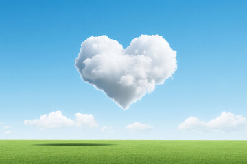3D render of large, bold heart shaped cloud casts soft shadow over green field, creating serene and romantic atmosphere