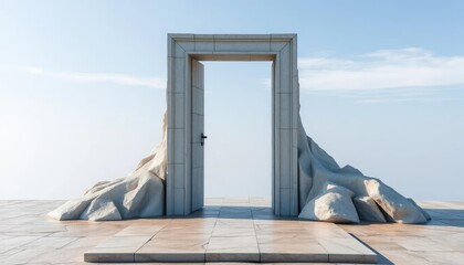 Abstract archway, stone door, outdoor scene, horizon, sculpture, potential use in art, architecture