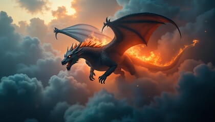 Powerful dragon flies across sky filled with clouds, fire flames. Dragon giant, wild creature. Strong, dangerous mythical beast. Amazing fantasy scene perfect for video games, fantasy art fans.