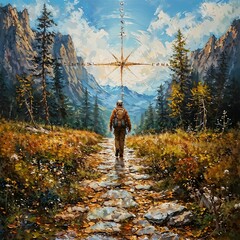 A manwith backpack and hiking pole is walking along a winding path.