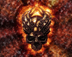 Heavy metal horned and winged skull engulfed in flames
