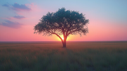 fields of pink sunset in the center of the tree