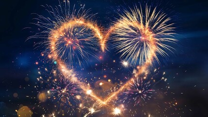 A vibrant, magical display of fireworks forming the shape of a glowing heart against a deep