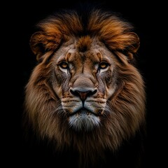 Fototapeta premium A captivating portrait of a majestic lion on black background, perfect for adding a bold and powerful touch to your home decor and wall art collection. 