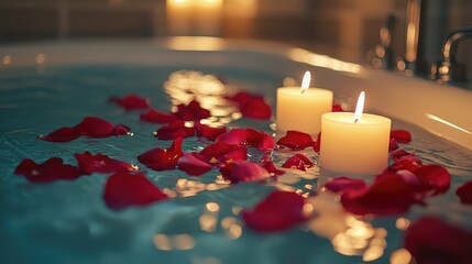 Romantic candlelit bath with rose petals for Valentine's Day