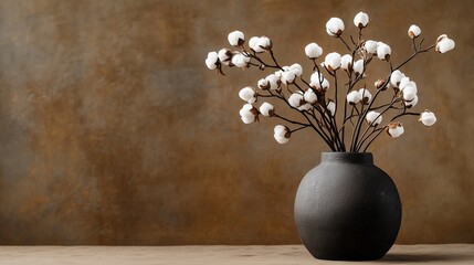 Cotton flowers in a dark stone vase on a brown background.