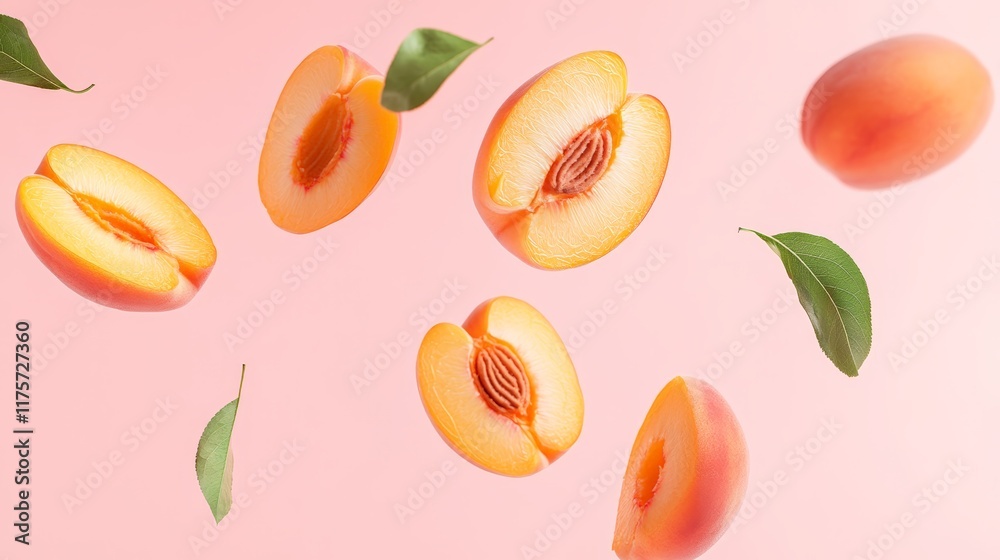 Poster fresh, ripe peaches and peach slices with pits and green leaves are levitating against a vibrant pin