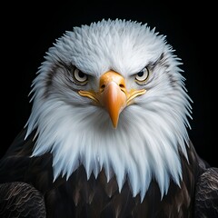Fototapeta premium A striking portrait of a bald eagle, showcasing its powerful beak and intense gaze, isolated on a black background. Perfect for wildlife, patriotism, and bird-of-prey themes or wall art.