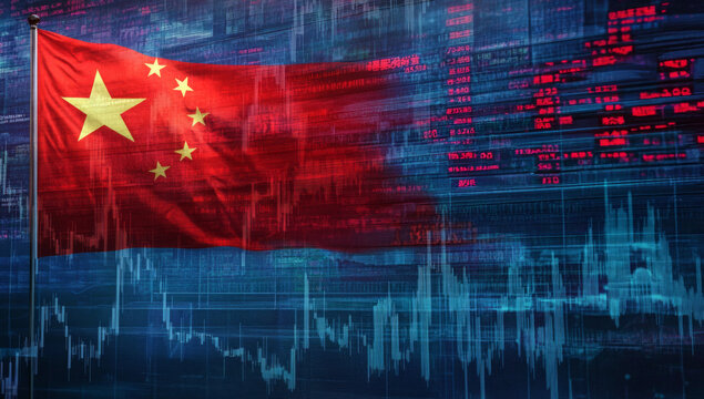 A Chinese flag with a stock market chart, finance, economy and growth data. 
