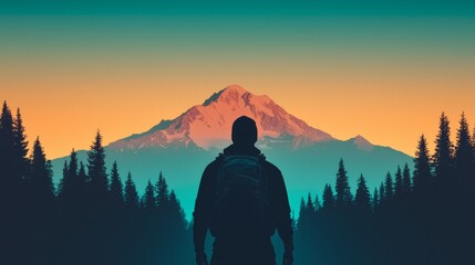 Obraz premium A silhouette of a person stands before a majestic mountain at sunset, surrounded by trees, capturing a moment of tranquility and natural beauty.