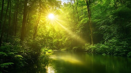 Fototapeta premium A tranquil river winding through a dense forest, with the sun filtering through the trees 