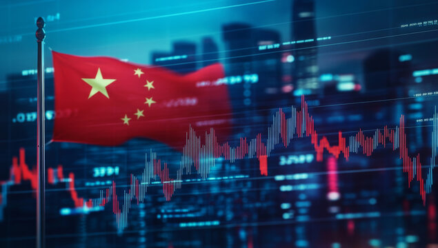 A Chinese flag with a stock market chart, finance, economy and growth data. 
