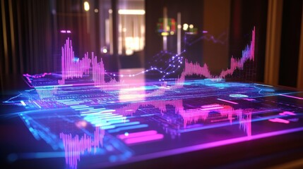 Holographic display showing dynamic stock market data graphs and charts, futuristic technology concept.