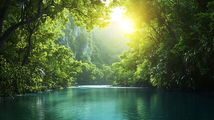 Obraz premium A tranquil river winding through a dense forest, with the sun filtering through the trees 