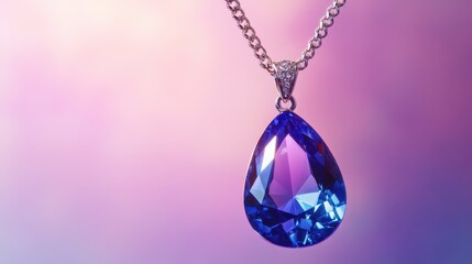 Elegant Blue Teardrop Pendant on Silver Chain with Soft Background