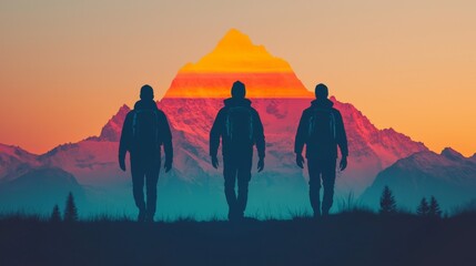 Three silhouetted figures walk towards a vibrant mountain at sunset, creating a striking contrast against the colorful sky.