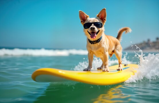 Adorable dog surfing on yellow surfboard in ocean. Funny pet fun on summer holiday. Dog wears sunglasses. Ocean waves splashing around. Pet enjoys sunny day at tropical coast. Happy dog on vacation.
