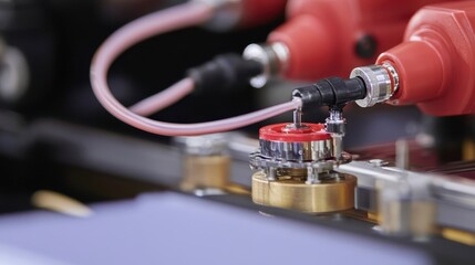 Close up of Industrial Machinery Components Red Tubing Precision Gears and Metal Connections