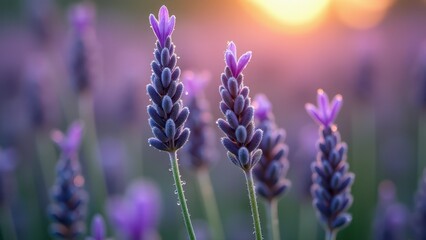Naklejka premium Beautiful Lavender Field During Sunset with Purple Blossoms in Vibrant Light