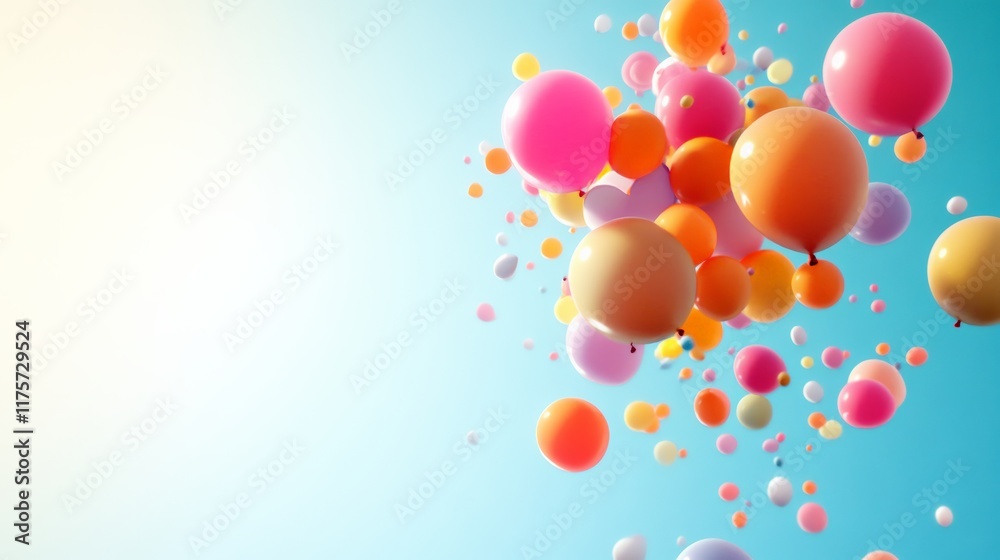 Poster colorful balloons of various sizes float in a clear blue sky, illuminated by bright sunlight, creati