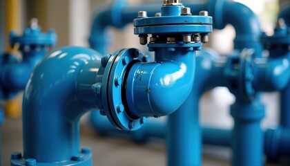 Close-up view of blue water pipeline fittings. Industrial plumbing equipment. New water supply system components. Construction site. Detail of modern piping. Technical engineering. Flow of water.